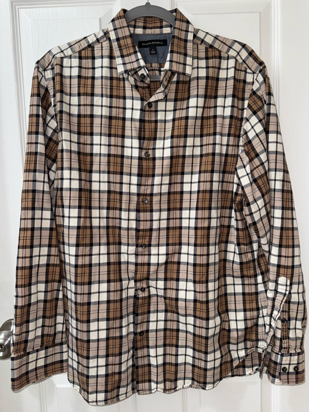 Banana Republic Men’s Brown & White Long Sleeve Plaid Flannel Shirt Size Large